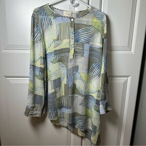 Chicos blouse women 2 (L/12) roll tab sheer asymmetric hem geometric blue green